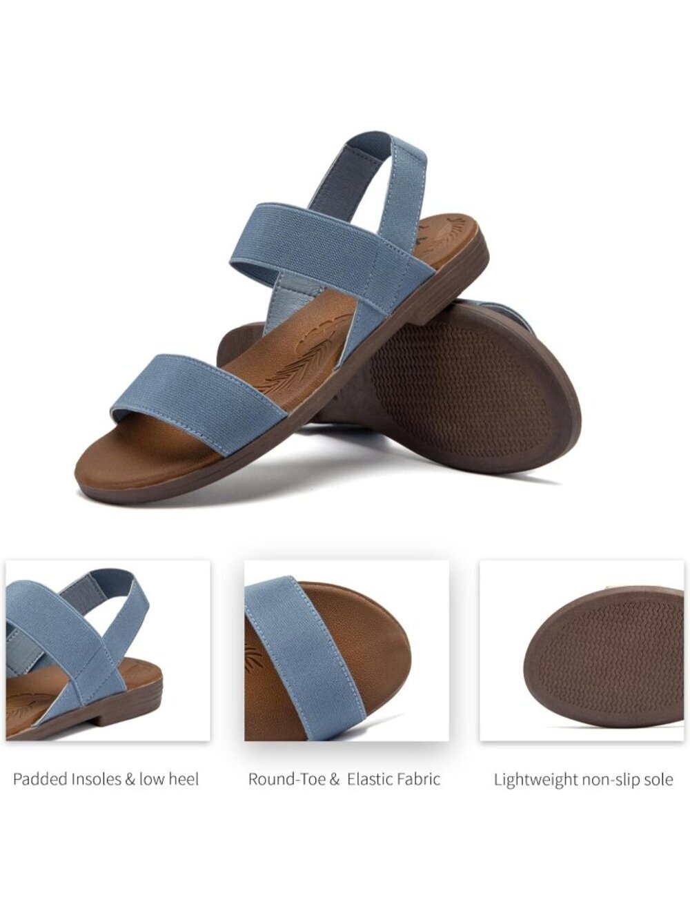 Women's Casual Flat Slide Blue Sandals Elastic Strappy Double Bands Open Toe - Picture 4 of 6